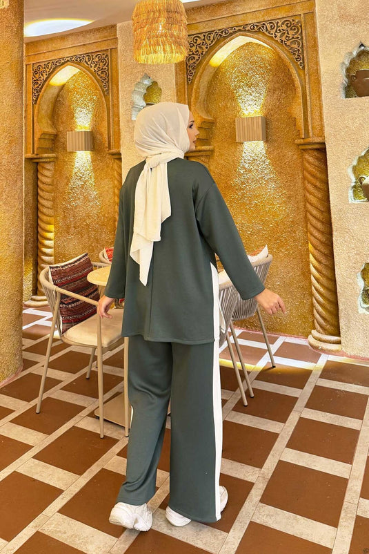 White Striped Slit Detail Two-Piece Set Olive Green