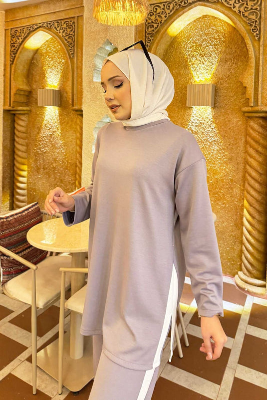 White Striped Slit Detailed Two Piece Suit Gray