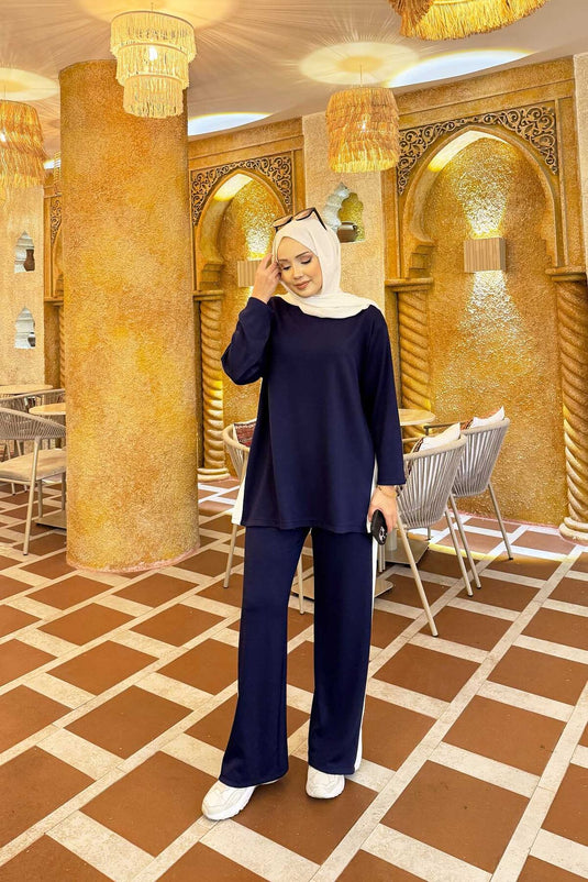 White Striped Slit Detailed Two Piece Suit Navy Blue