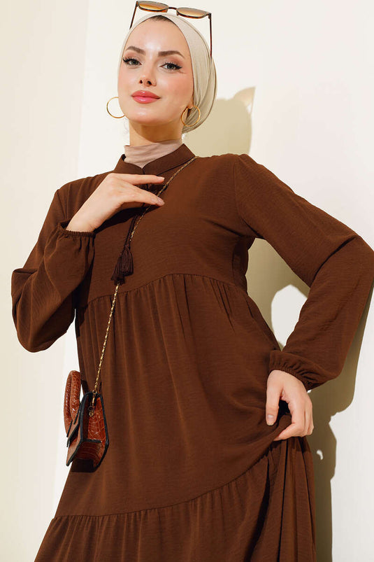 Layered Dress with Tie Collar Brown