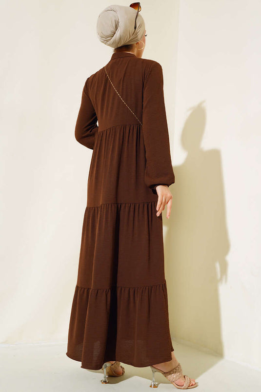 Layered Dress with Tie Collar Brown
