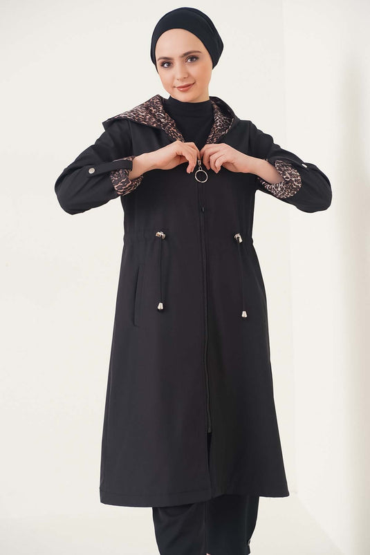 Bileği Çizgili Kapüşonlu Siyah Leopar Trençkot