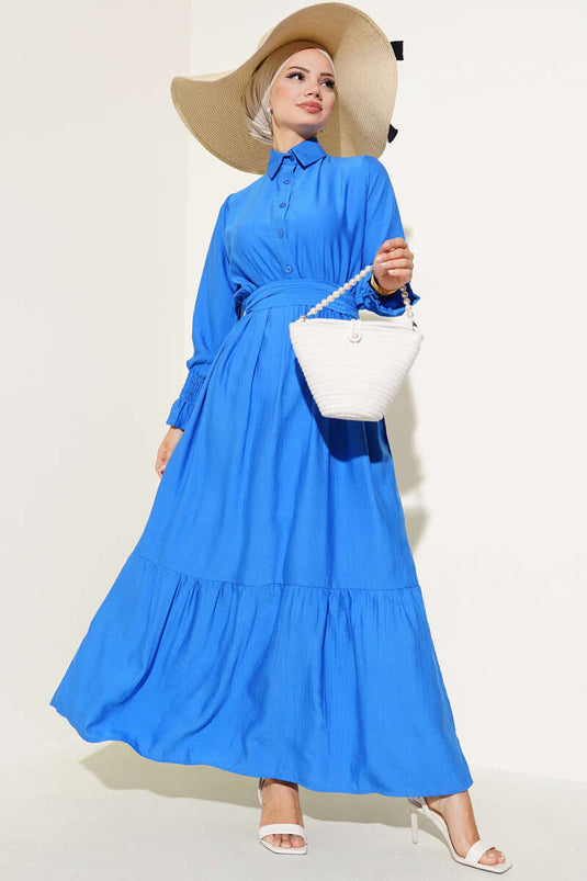 Dress with Cuffed Sleeves and Belt in Royal Blue