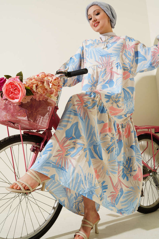 Bileği Gipeli Tropik Desen Elbise İndigo