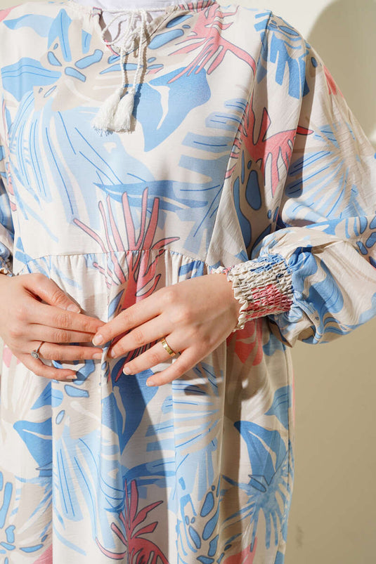 Bileği Gipeli Tropik Desen Elbise İndigo