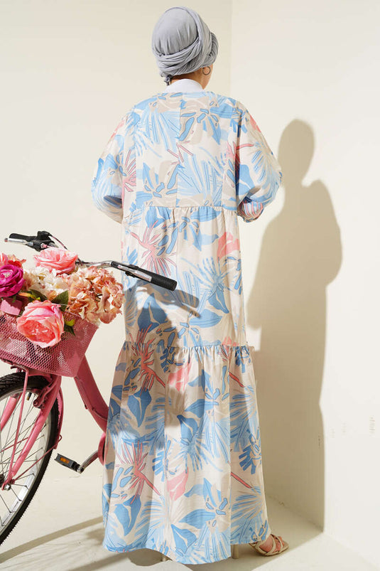 Bileği Gipeli Tropik Desen Elbise İndigo