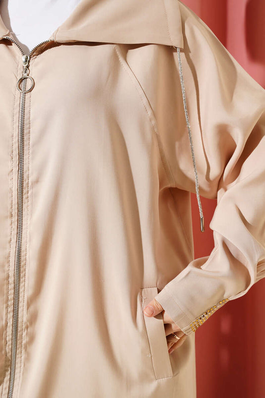 Bileği Mini Taşlı Fermuarlı İkili Takım Bej