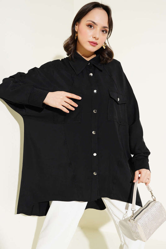 Oversized Shirt with Ribbed Cuffs Black