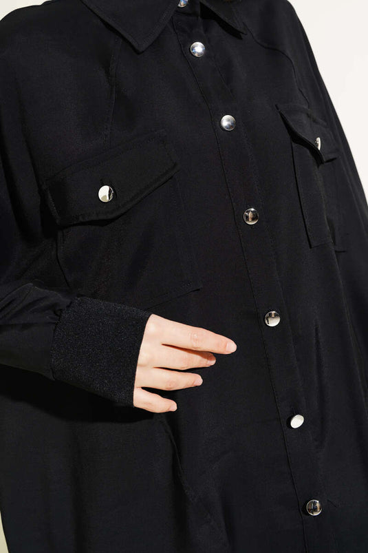 Oversized Shirt with Ribbed Cuffs Black