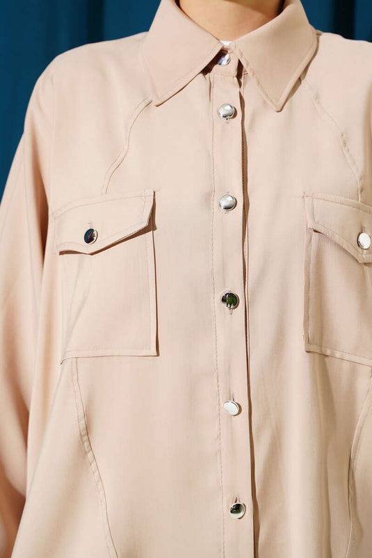 Oversized Shirt with Ribbed Cuff Stone