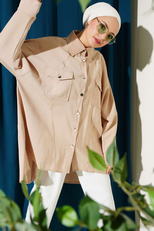 Oversized Shirt with Ribbed Cuff Stone