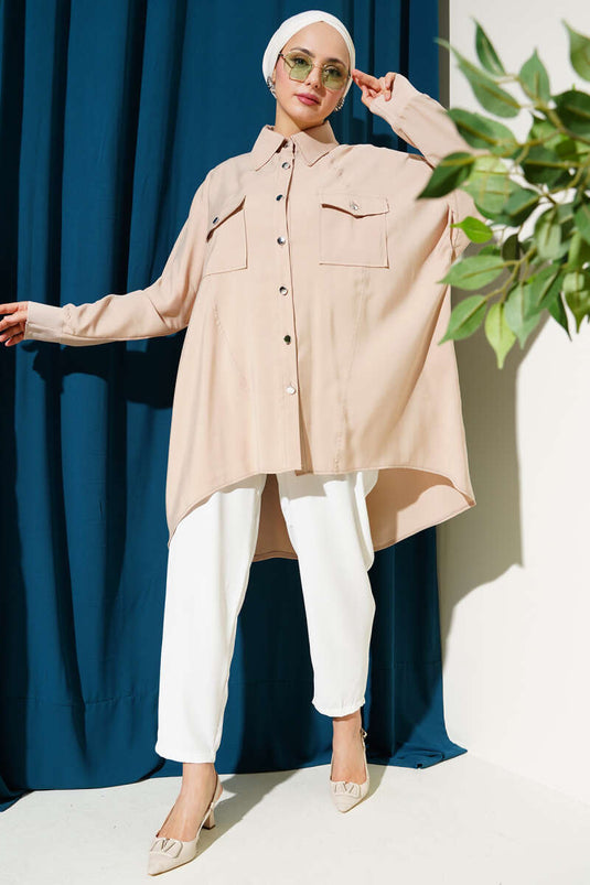 Oversized Shirt with Ribbed Cuff Stone
