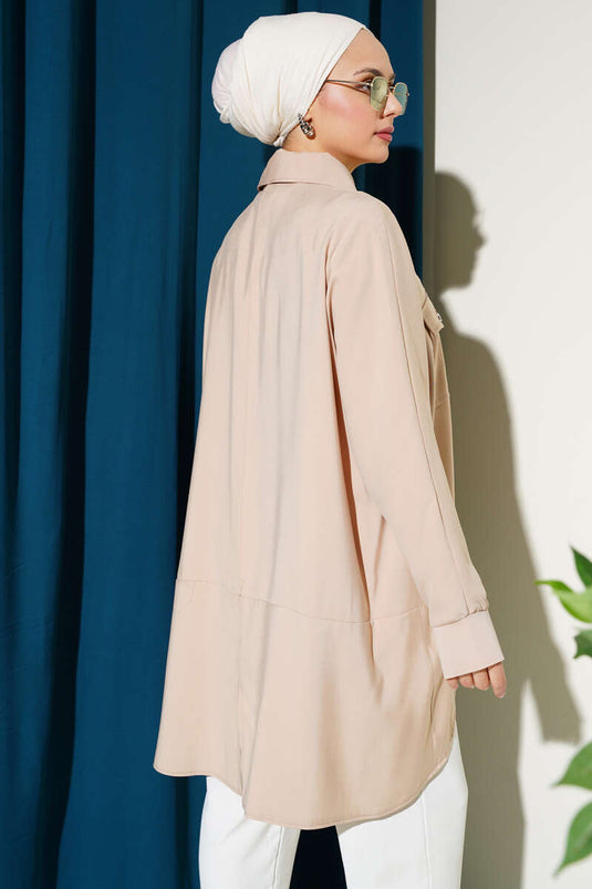 Oversized Shirt with Ribbed Cuff Stone