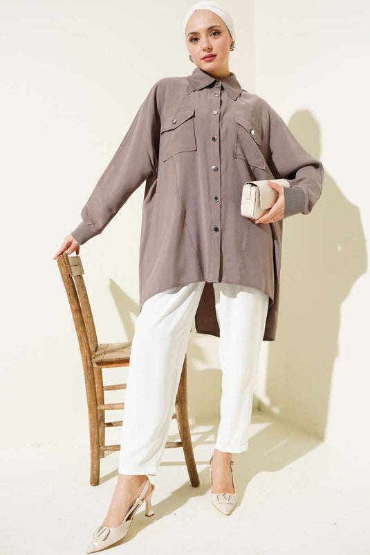 Oversized Shirt with Ribbed Cuff in Beige