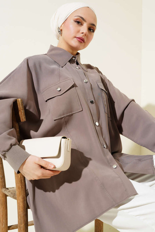 Oversized Shirt with Ribbed Cuff in Beige