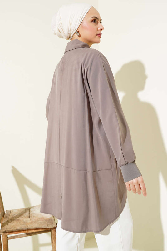Oversized Shirt with Ribbed Cuff in Beige