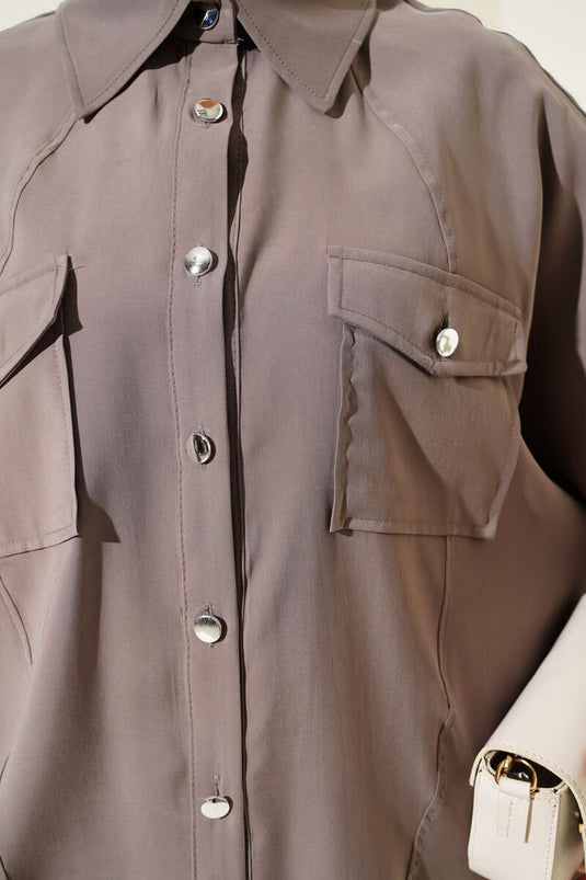 Oversized Shirt with Ribbed Cuff in Beige