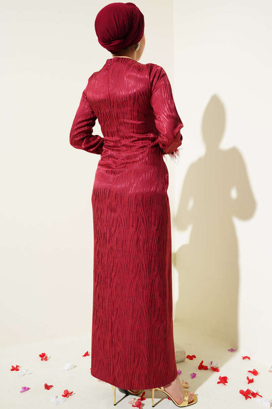 Jacquard Dress with Tulle Detail on the Ankle, Burgundy