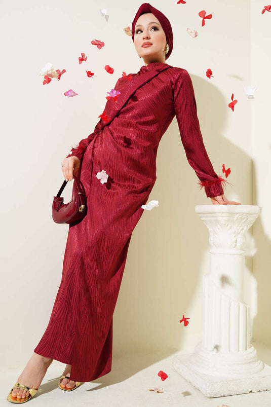 Jacquard Dress with Tulle Detail on the Ankle, Burgundy