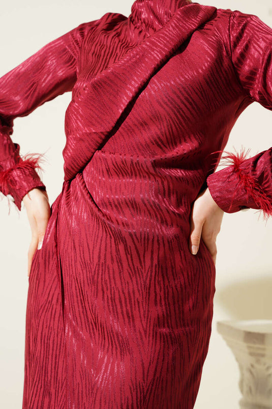 Jacquard Dress with Tulle Detail on the Ankle, Burgundy