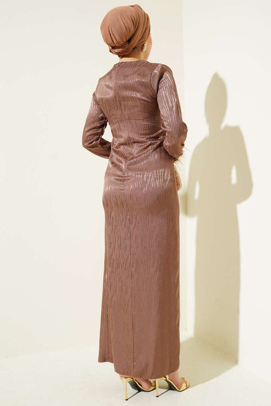 Jacquard Dress with Tulle Detail on the Ankle Brown