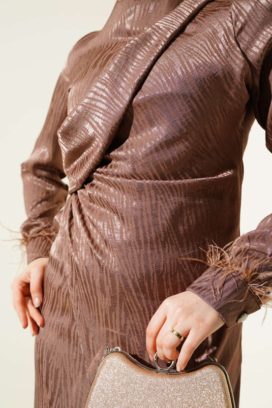 Jacquard Dress with Tulle Detail on the Ankle Brown