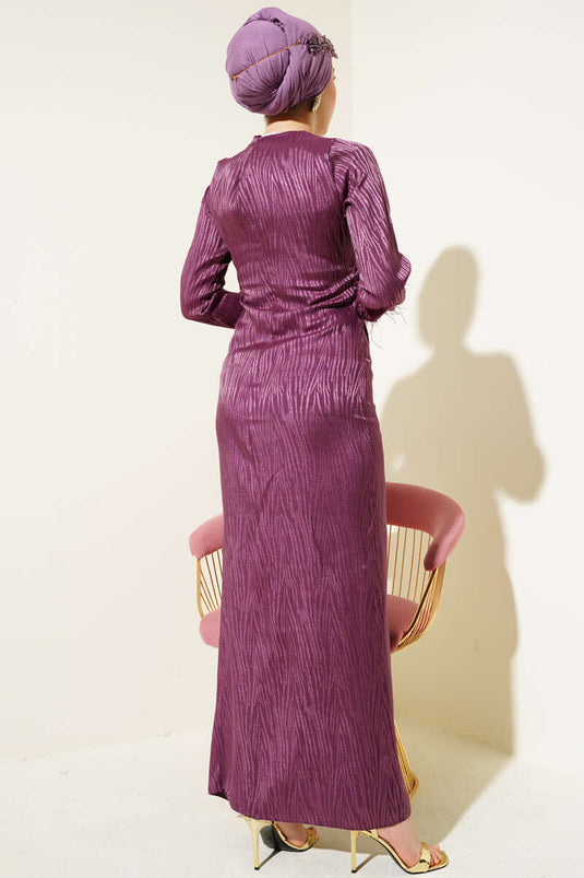 Bileği Tül Detaylı Jakar Elbise Magenta