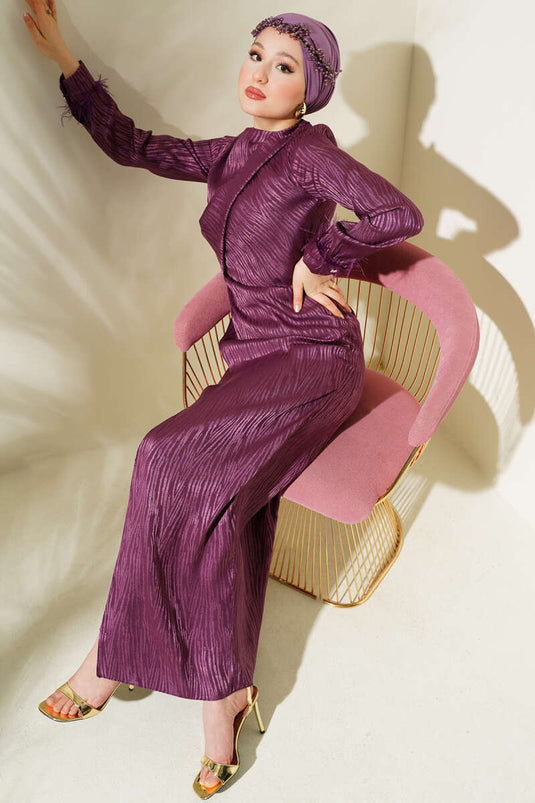 Bileği Tül Detaylı Jakar Elbise Magenta