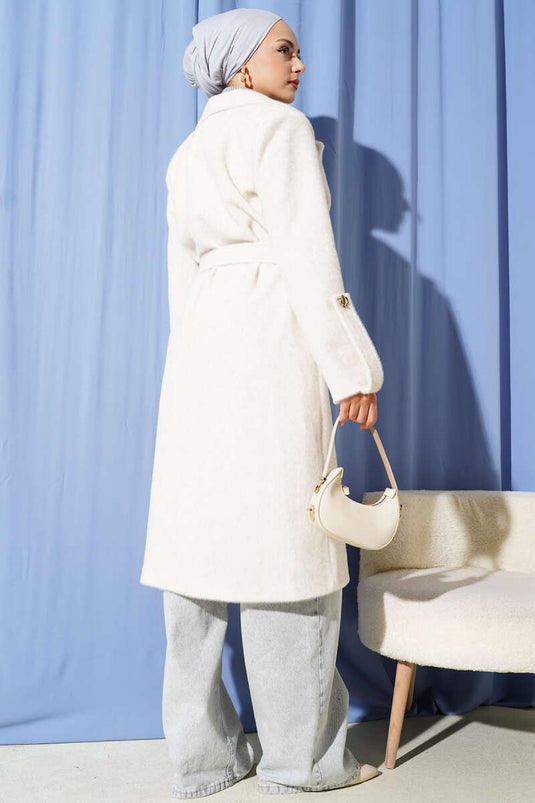 Belted Thai Feather Coat with Wrist Epaulets, Beige