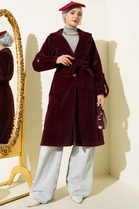 Belted Colt Feather Coat with Wrist Epaulets and Claret Red