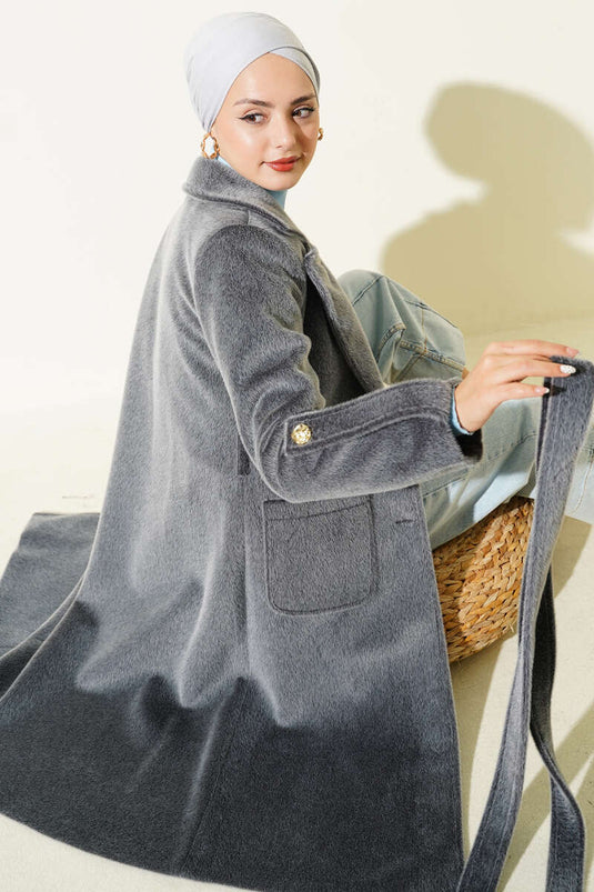 Bilek Apoletli Kuşaklı Tay Tüyü Kaban Füme