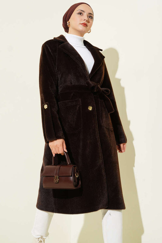 معطف ريش تايلاندي بحزام مع كتاف معصم وبني