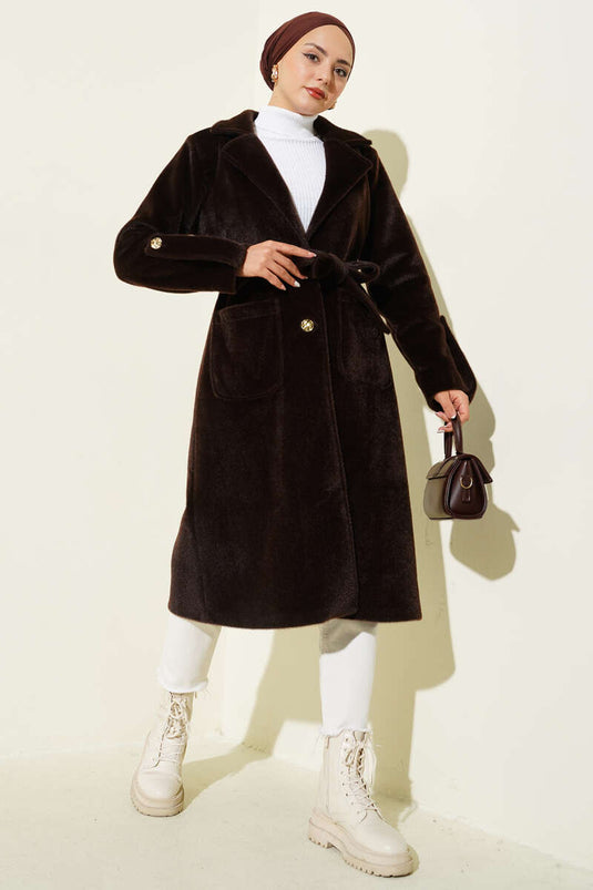 Belted Thai Feather Coat with Wrist Epaulets and Brown