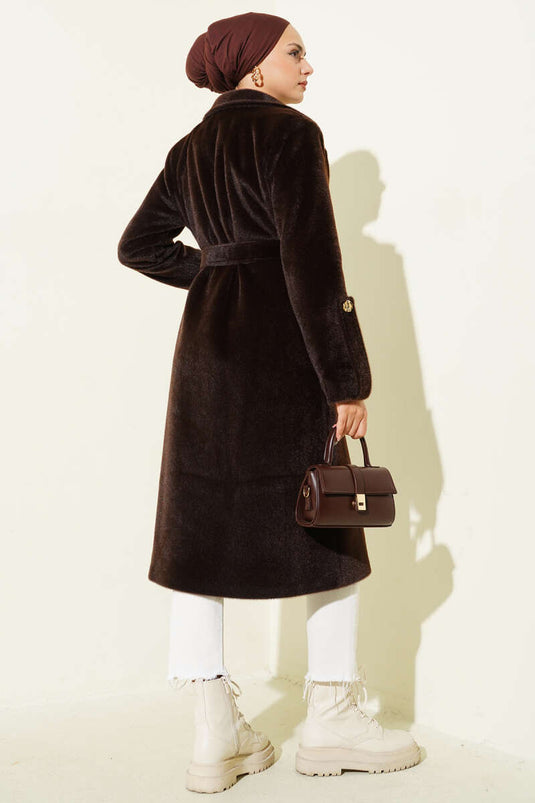 Belted Thai Feather Coat with Wrist Epaulets and Brown