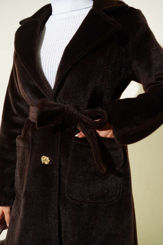 معطف ريش تايلاندي بحزام مع كتاف معصم وبني