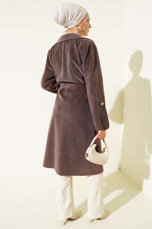 Chestnut Brown Down Coat with Wrist Epaulets and Belt