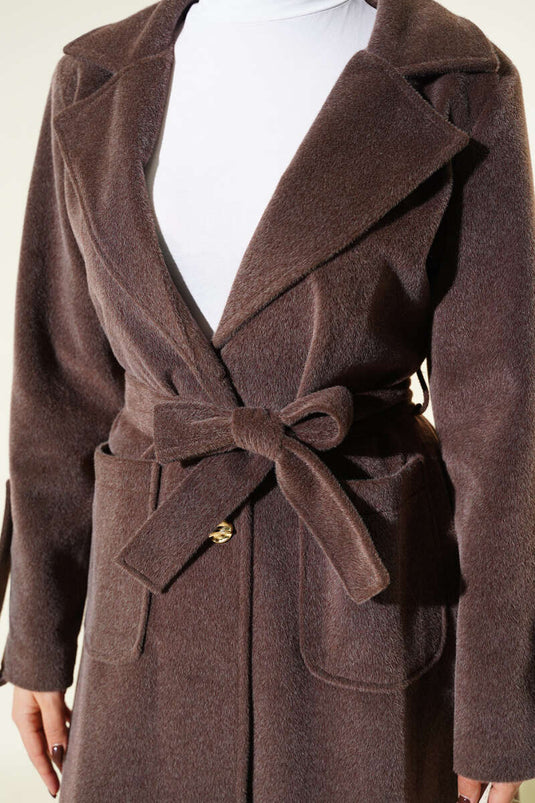 Chestnut Brown Down Coat with Wrist Epaulets and Belt