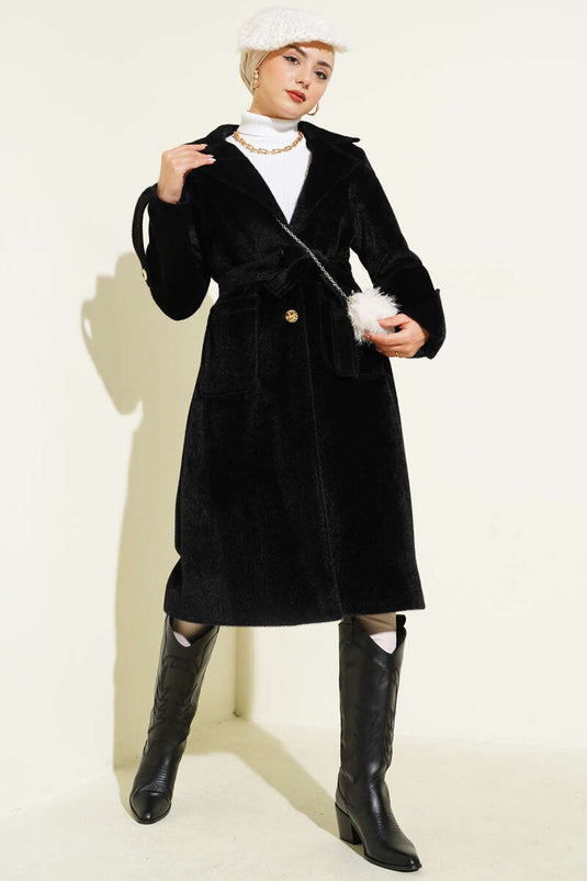 Belted Colt Feather Coat with Wrist Epaulets Black