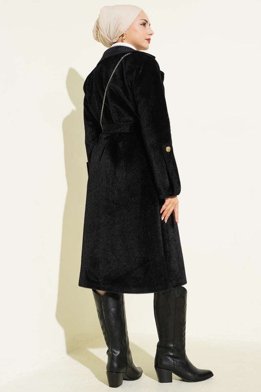 Belted Colt Feather Coat with Wrist Epaulets Black