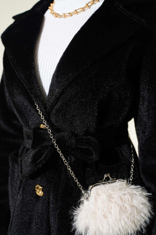 Belted Colt Feather Coat with Wrist Epaulets Black