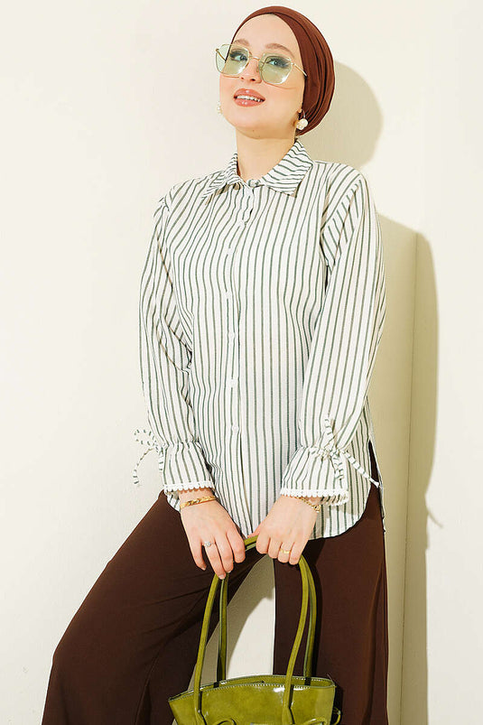 Striped Shirt With Ankle Tie In Khaki