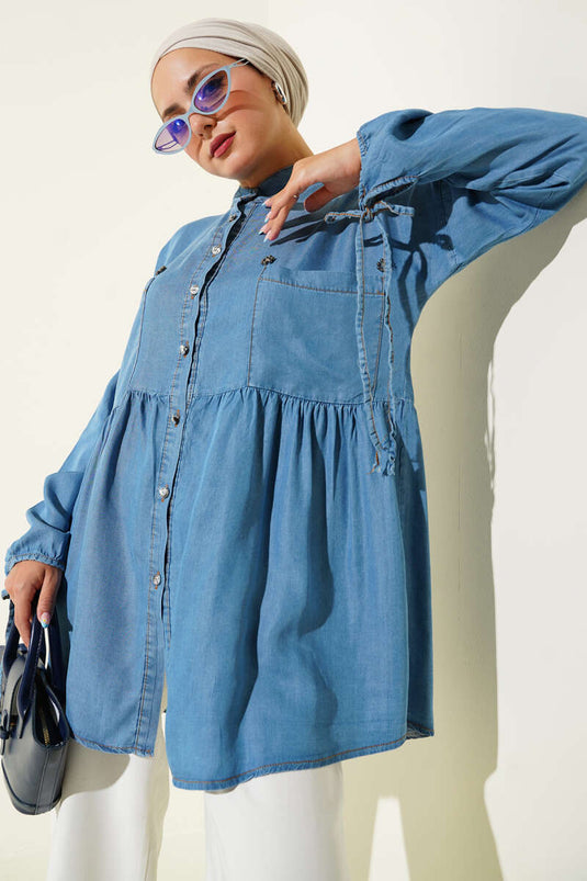 Chemise en jean à boutons en pierre et lien à la cheville Denim clair