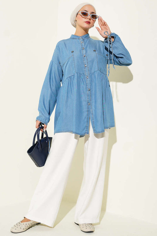 Chemise en jean à boutons en pierre et lien à la cheville Denim clair