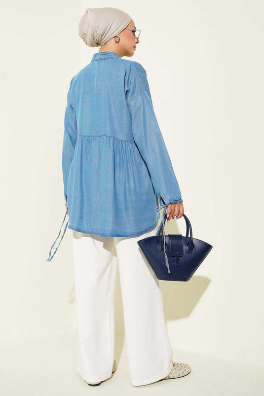 Chemise en jean à boutons en pierre et lien à la cheville Denim clair