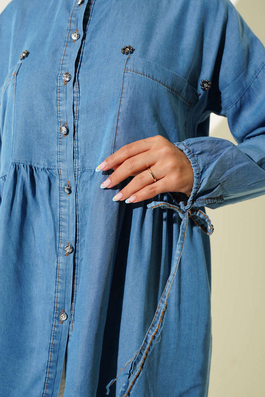 Chemise en jean à boutons en pierre et lien à la cheville Denim clair