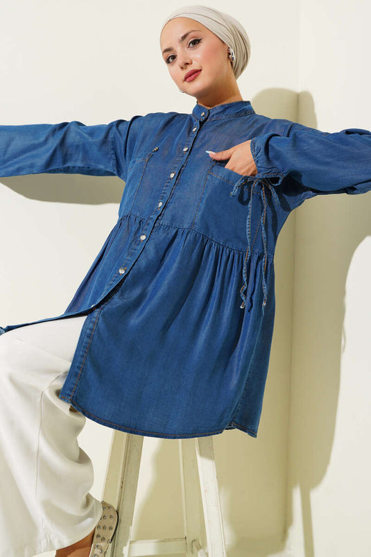 Chemise en jean à boutons en pierre et lien à la cheville, denim foncé