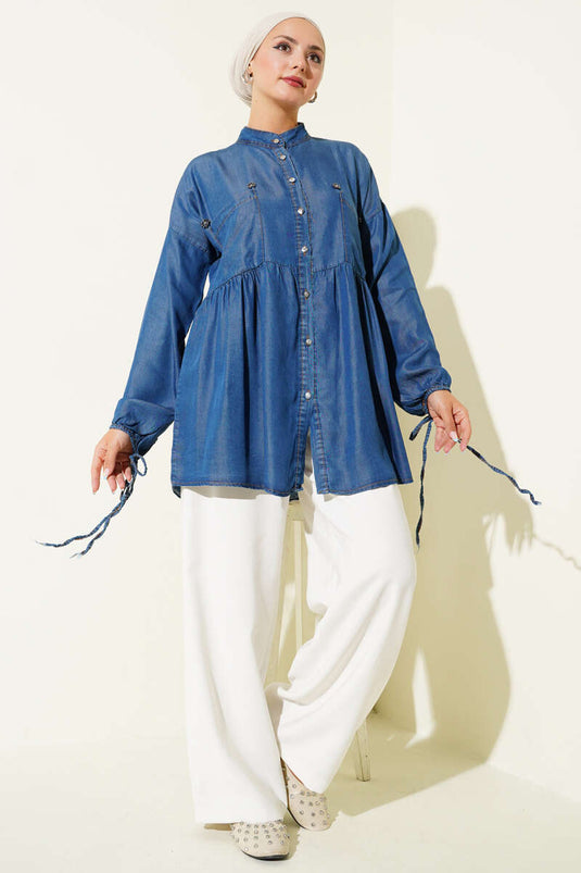 Chemise en jean à boutons en pierre et lien à la cheville, denim foncé