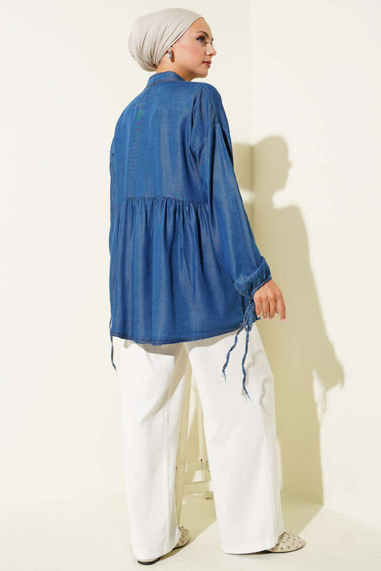 Chemise en jean à boutons en pierre et lien à la cheville, denim foncé