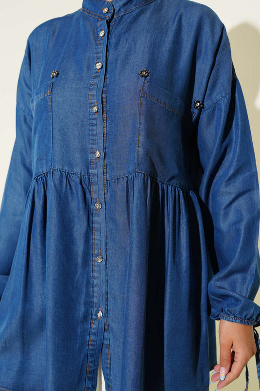 Chemise en jean à boutons en pierre et lien à la cheville, denim foncé