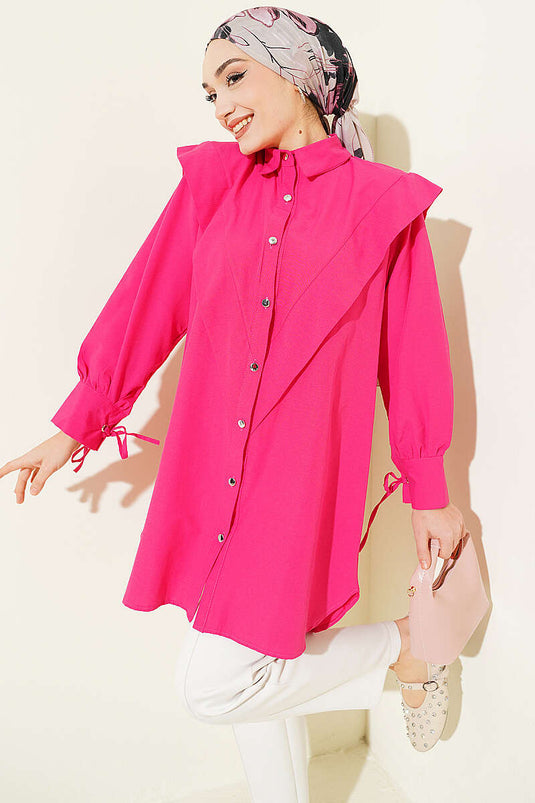 Chemise à manches longues avec lien au poignet, col en V, fuchsia